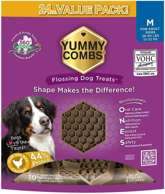 Yummy Combs Dog Dental Treats – Vet VOHC Approved – Delicious Chicken Protein – Removes Tartar with Cleaning Comb Shape – Dental Dog Treats for Medium Dogs (24Oz, 30 Count)