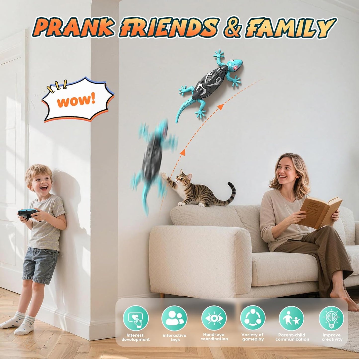 KETIEE RC Wall Crawler Gecko: Wall Climbing Gecko Toy for Kids, Remote Control Climbing Lizard with Led Glowing Eyes, Rechargeable Floor Ceiling Crawling Robot Prank Toy, Gift for Boy Girl 3+Years Old