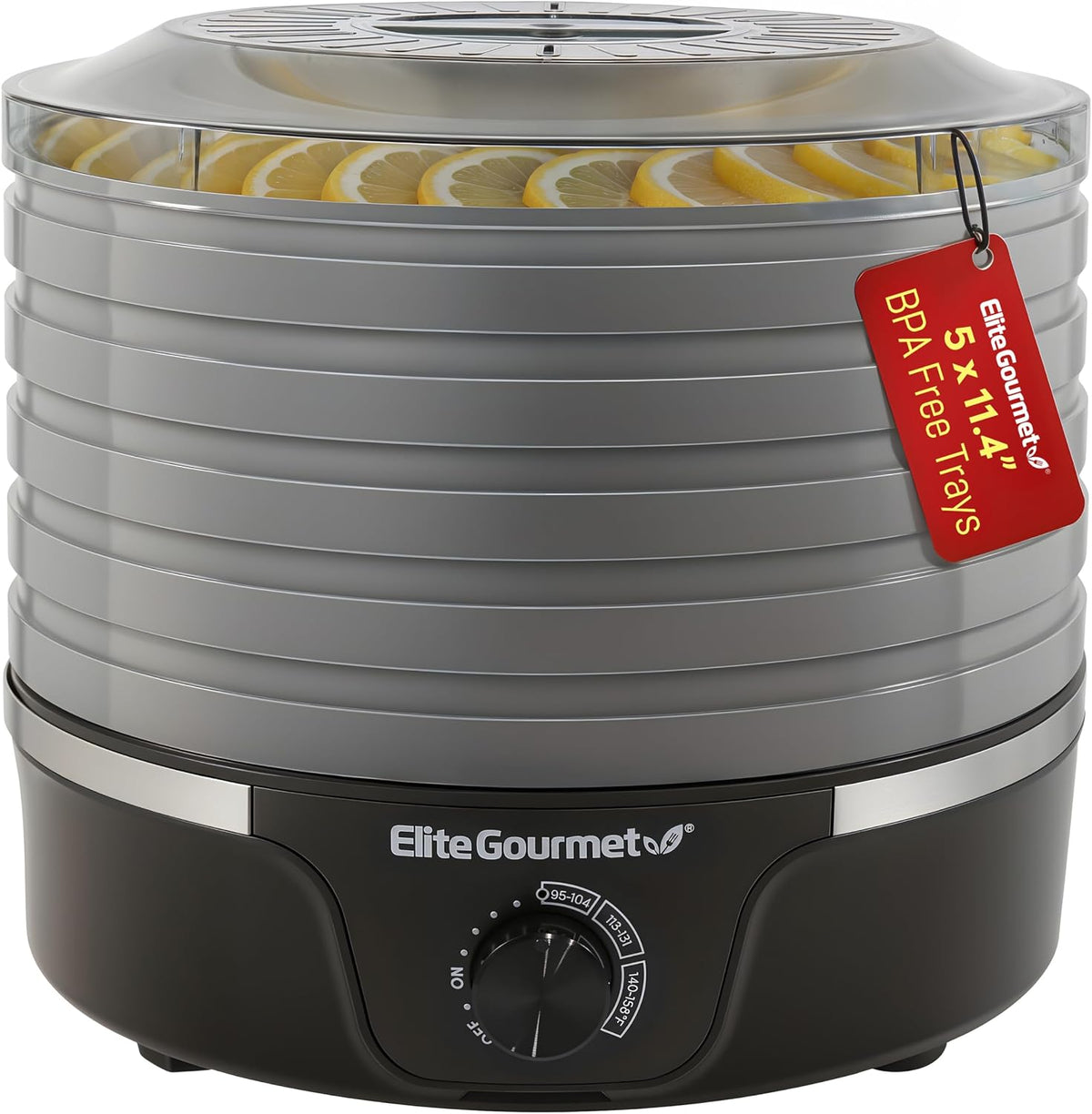 Elite Gourmet 5-Tray Food Dehydrator, Bpa-Free 11.4" Trays, Adjustable Temp