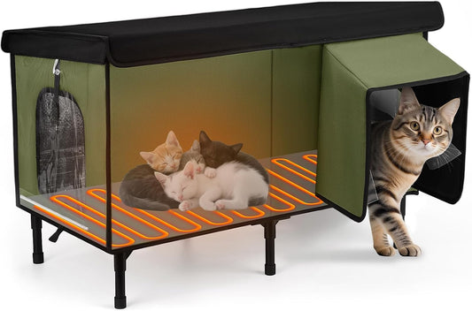 Heated Cat House for Outside, Insulated Large Elevated Waterproof Feral Cat Shelter with Heated Pad, Safe Escape Door All-Round Insulated Cotton and Aluminum Foil Cat Shelter for Winter