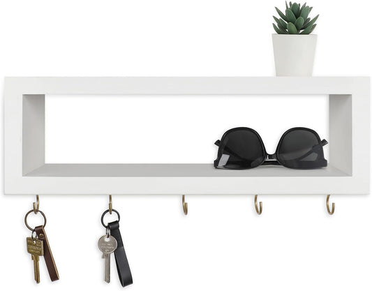 Lwenki Wall Shelf with Hooks - Decorative Key and Wallet Holder for Wall Holds Sunglasses, Leashes, Scarves and Lanyards - 15.7" X 5.1" X 2.9" Entryway Organizer Made of Paulownia Wood (White)