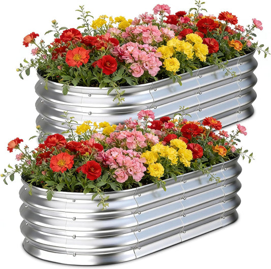 Galvanized Raised Garden Bed Outdoor, 4X2X1Ft(2Pack) Metal Heavy Duty Planter Boxes for Gardening, Easy Assemble Bottomless Small Oval Plant Container Kit for Vegetable, Flower, Fruit, Silver