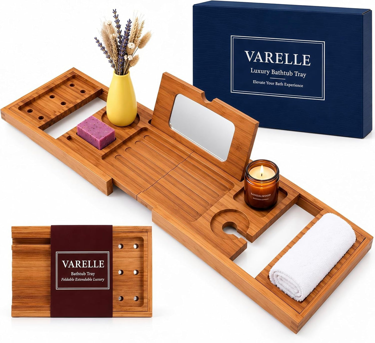Acacia Bathtub Tray, Foldable & Extendable Bath Caddy with Non-Slip Design, Space-Saving Adjustable Bathtub Shelf for Book, Wine, Tablet, Spa Gift for Women Men