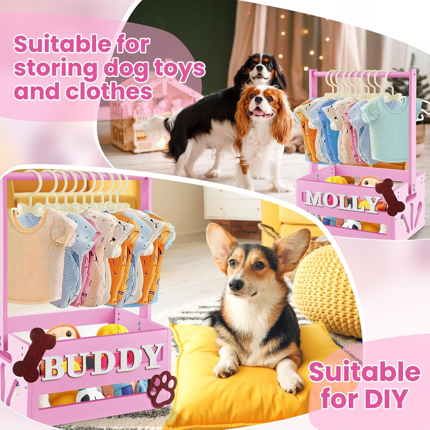 Teenyyou 20 X 13 X 9 Wooden Dog Closet Pet Wardrobe Crate Box with Hanging Rods and Personalized Alphabet Letters Easy Assembly Baskets for Dog Cat Toys Clothes Accessories(Pink)