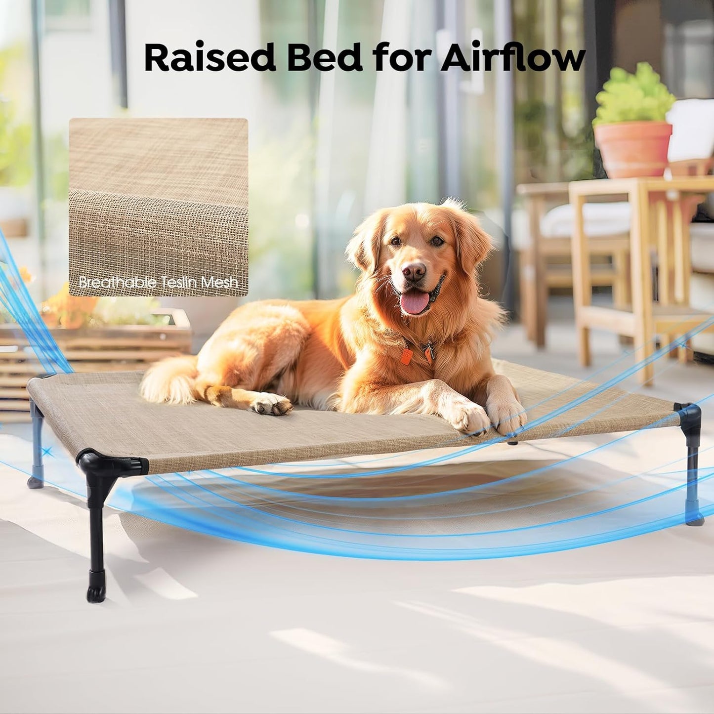 Veehoo Cooling Elevated Dog Bed Add Removable Waterproof Bolster Cushion Mat, Raised Pet Cot with Breathable Teslin Mesh, No-Slip Feet, Dog Couch Bed for Indoor Outdoor, 42X30Inches, Beige, CWC2331B