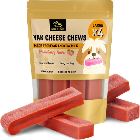 Chews Himalayan Yak Cheese Dog Chews Strawberry Flavor Large - Natural Long Lasting Dental Treat for Large Dogs - High Protein & Calcium - Gluten-Free Lactose-Free - 3-3.5 Oz (4 Pack)