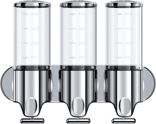 Stainless Steel Drill Free Triple Wall Mount Soap Dispenser Set Shower Bathroom Pump, 3 X 500ML Shampoo Conditioner, Adhesive Reusable Luxury Organizer Declutter Spring Cleaning Gift Idea Fathers Day