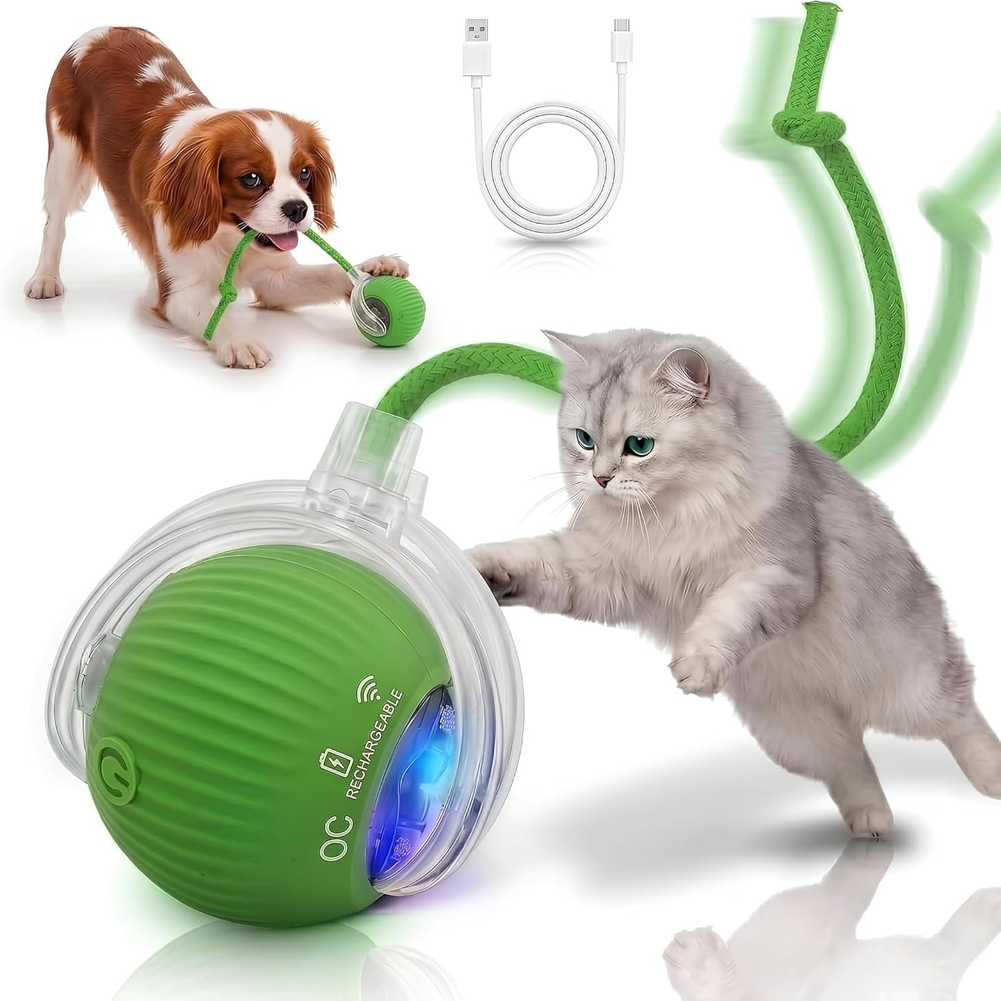 Rechargeable Smart Ball 2.0 Automatic Cat Toy - Interactive Cat Toys for Indoor Cats - Motion Activated Moving Cat Ball Toy, Self Rolling Interactive Dog Toys for Small Dogs with 3 Speed Modes [Green]