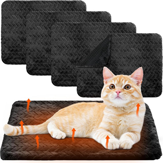 Drydiet 4 Pack Self Warming Cat Bed Mat Self Heating Pad for Dog Extra Warm Winter Pet Pad Washable Thermal Pads Mats for Pets Indoor Outdoor(Black,16 X 20 Inch)