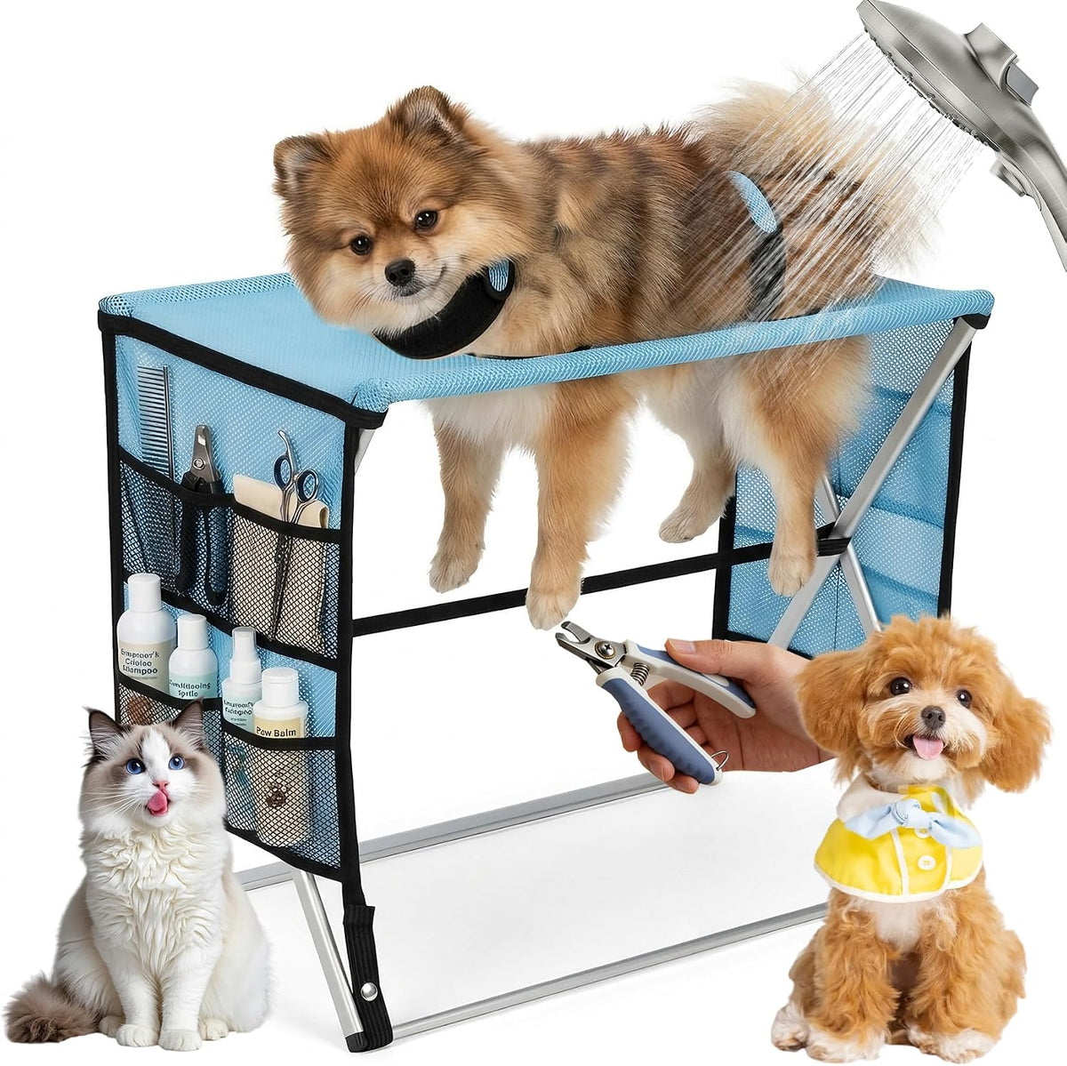 Foldable Pet Grooming Hammock with Stand for Small Dogs & Cats - 8.8 Lb