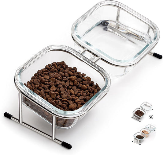 Elevated Cat Bowls, 15° Tilted Glass Raised Cat Food and Water Bowl
