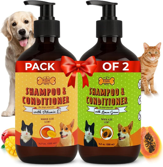 POM Pets 2 Pack 2-In-1 Organic Dog Shampoo & Conditioner – Itchy Skin Relief, Dog Deshedding, Detangles Fur, Cat Shampoo, Paw Cleaner for Dogs, Natural Coat Defense Formula