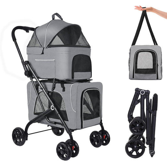 Petmolico Double Pet Stroller with 2 Detachable Carrier Bags, Grey