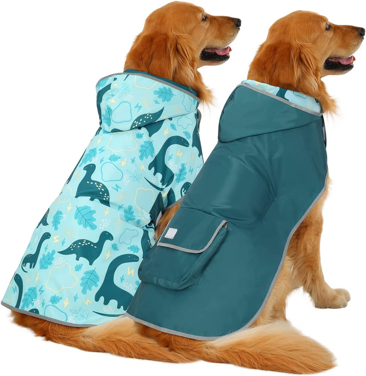 HDE 2-In-1 Reversible Dog Raincoat Hooded Poncho Rain Jacket Teal Dino L