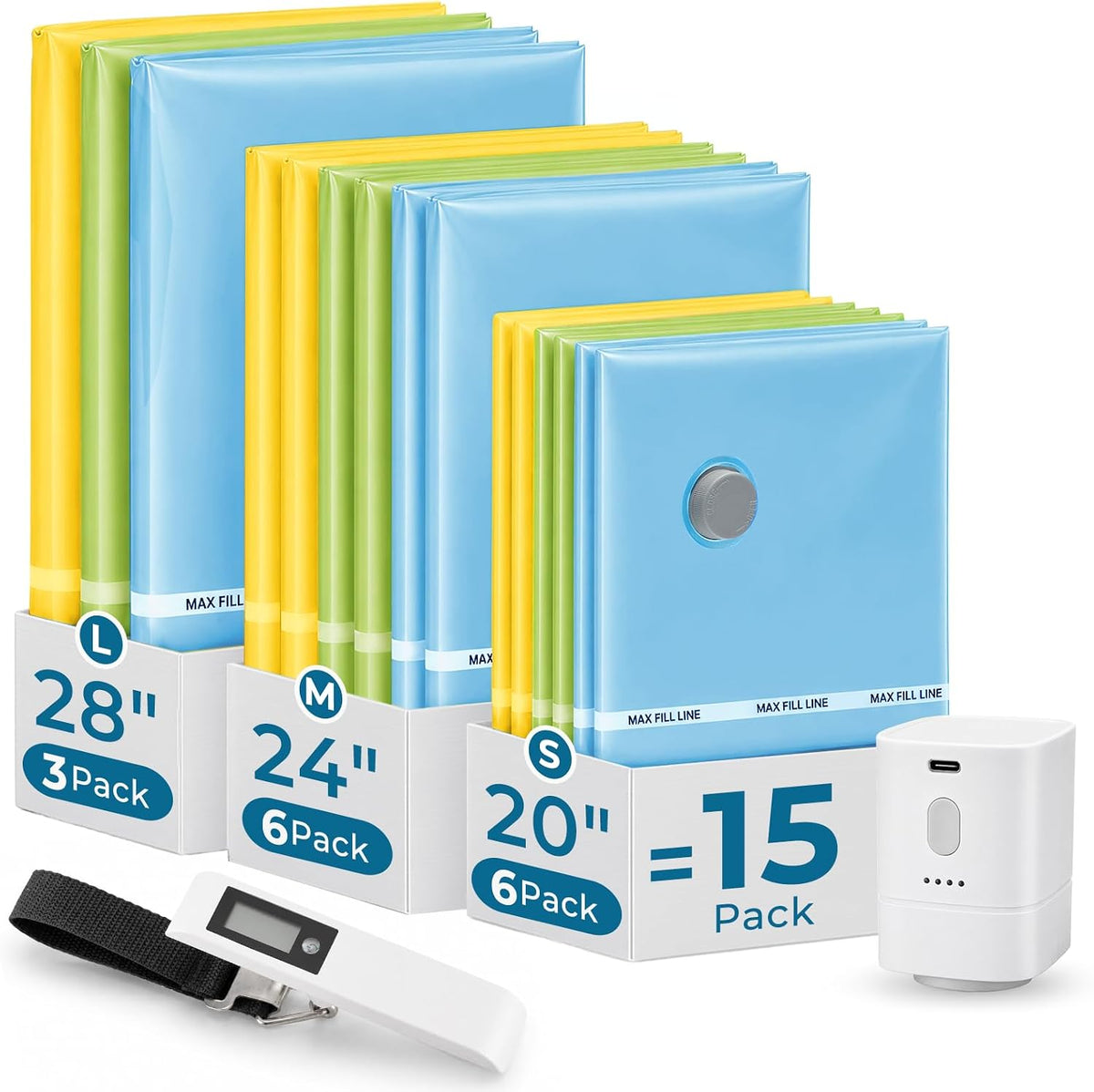 HOUSE DAY 15 Pack Vacuum Storage Bags for Travel with Cordless Pump & Scale