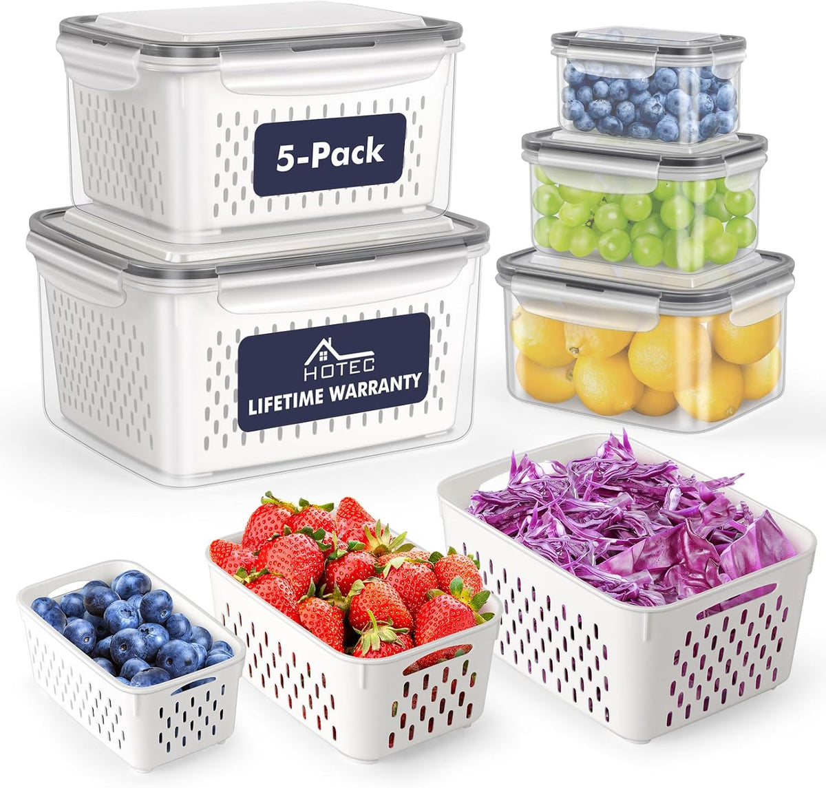 HOTEC 5-Pack Fruit Storage Container for Fridge, Food Storage Containers