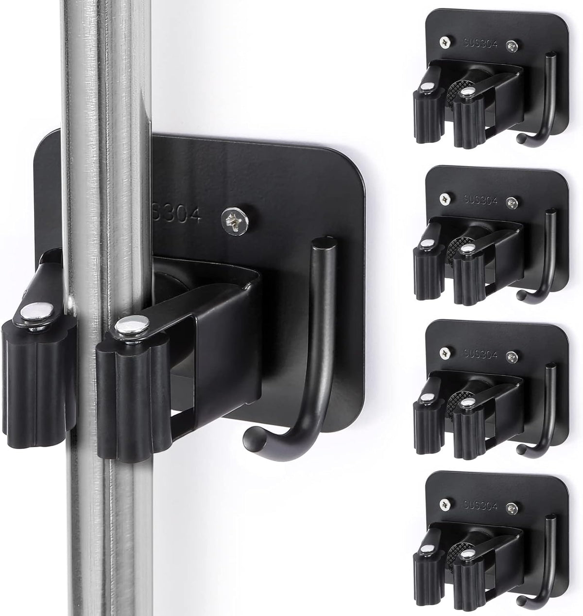 Stainless Steel Broom Holder, Heavy Duty, Rust Resistant, 4 Gripper Positions with 4 Hooks, Black