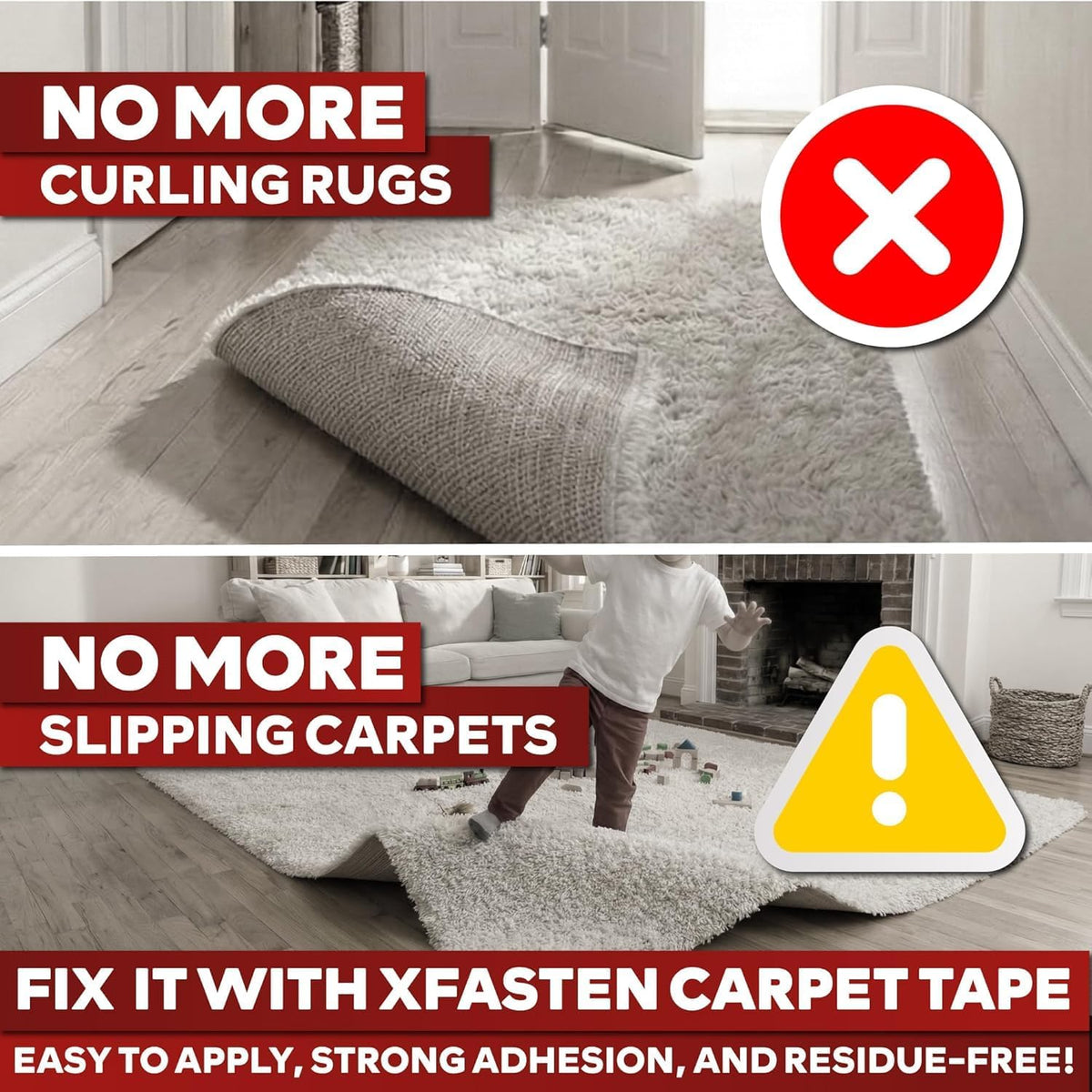 Xfasten Double Sided Carpet Tape for Area Rugs 2 Inch X 90 Ft No Residue