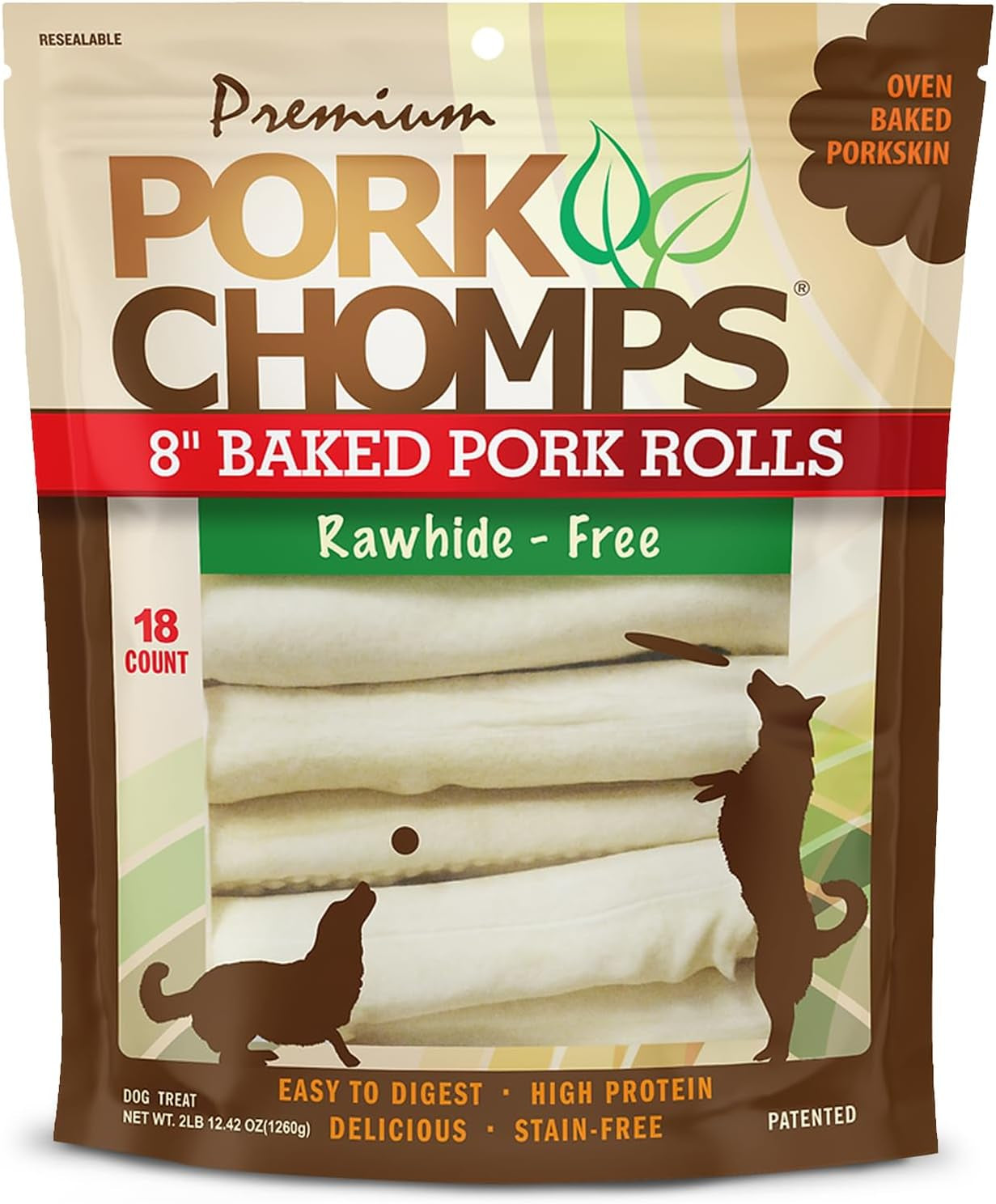 Pork Chomps Baked Pork Skin Dog Chews, 8-Inch Rolls, 18 Count (Pack of 1)