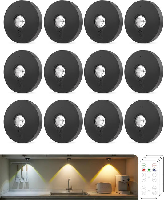 Rechargeable Puck Lights with Remote Control, 1500Mah Battery Operated Tap Lights, Dimmer & Timer under Cabinet, Wireless LED Stick-On for Closet, Bedroom, Kitchen - Black 12Pcs