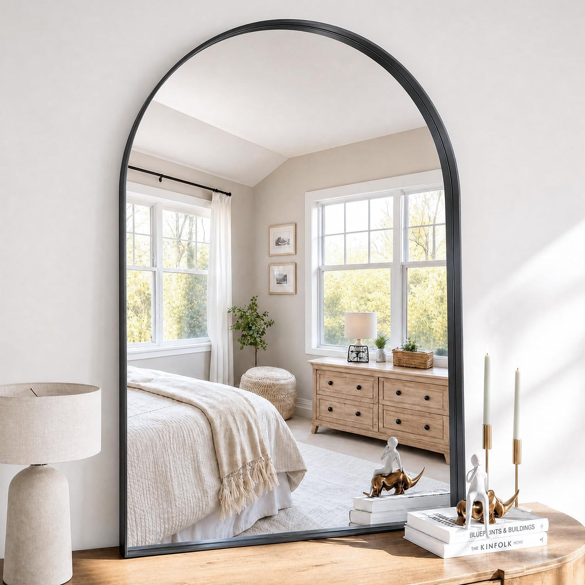 48"X30" Black Arched Mirror, Arched Wall Mirror with Metal Frame, Wall Mounted Large Arched Mirror for Living Room, Restroom, Entryway, Tempered Glass, Modern Home Decor