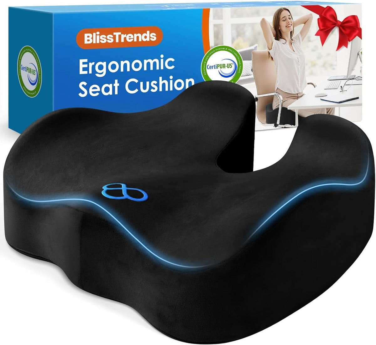 Blisstrends Memory Foam Seat Cushion for Office Chair & Car Seat, Black