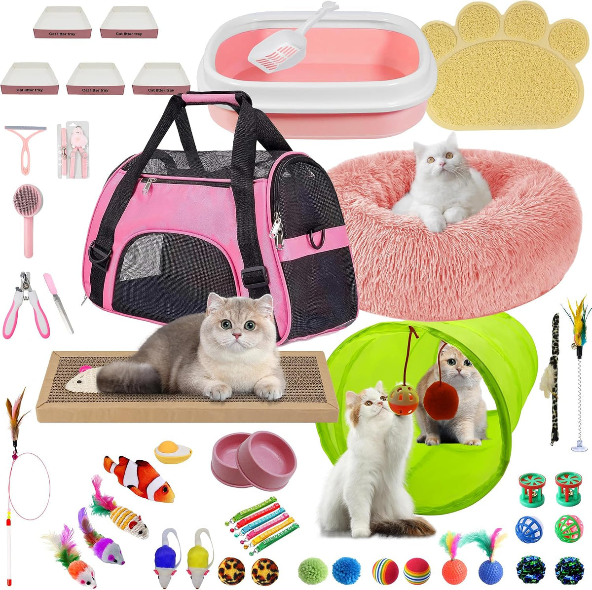 47PCS Kitten Essentials Starter Kit, 21PC Toy Set, Carrier, Litter Box Pink