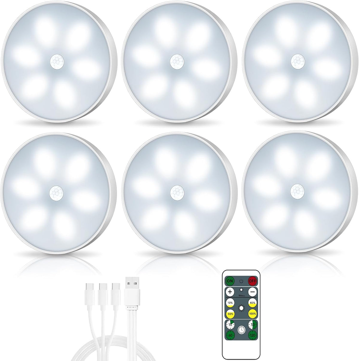 LED Closet Lights Wireless Motion Sensor Puck Light, Newest Version USB Rechargeable Dimmer Step Light with Remote, Night Safe Lighting for under Cabinet, Counter, Kitchen, Hallway, Stairs (6 Pack)