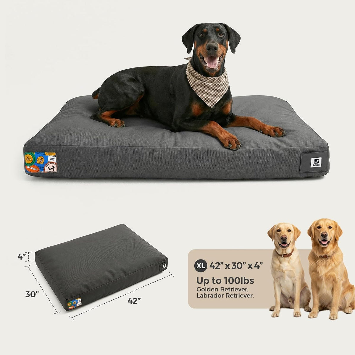 Sytopia 42 Inch Canvas Indestructible Dog Bed for Aggressive Chewers, Durable Chew Proof Dog Bed with Waterproof Machine Washable Removable Cover, Indoor Patio Pet Pad for Crate, Dark Grey