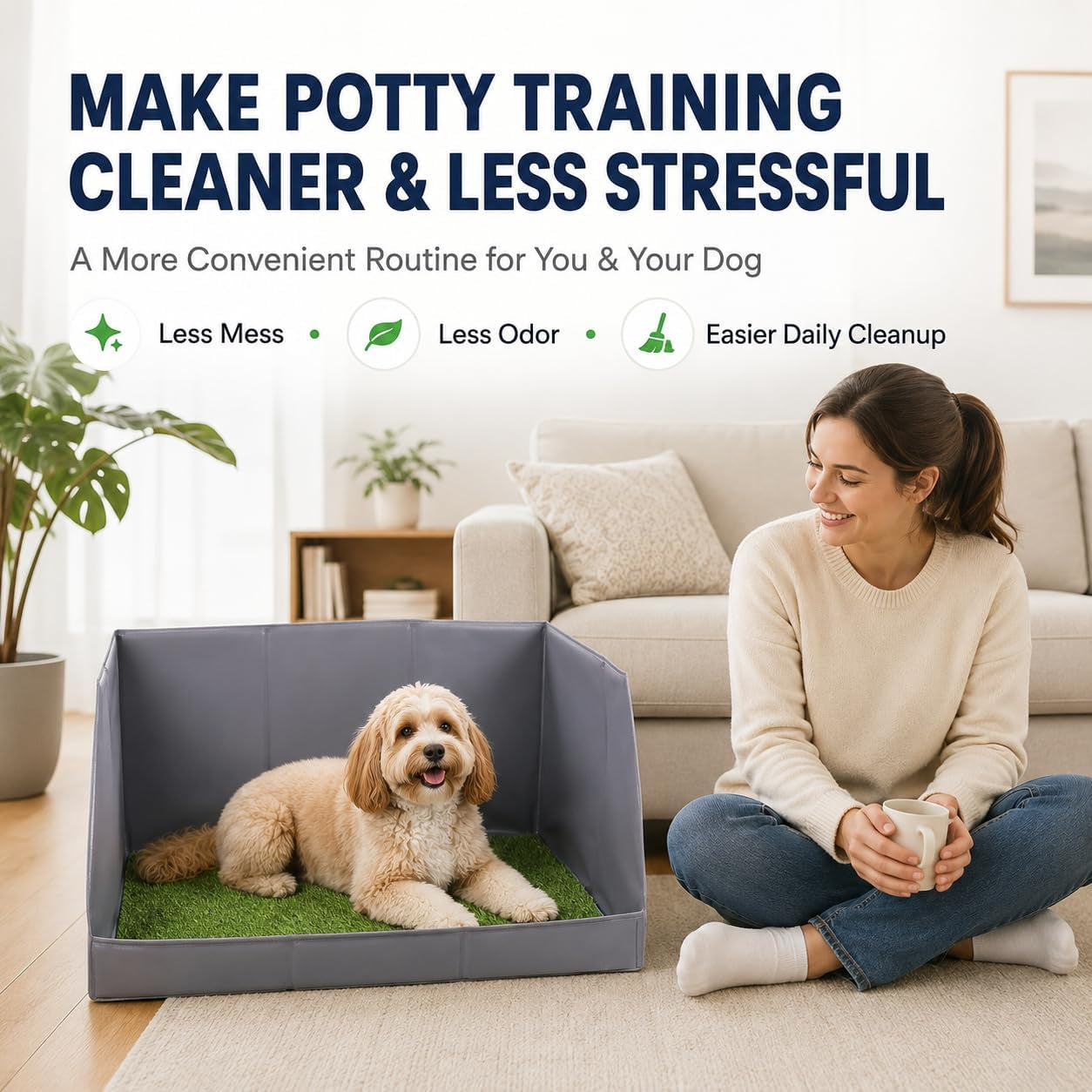 Dog Potty Tray with High Walls and Artificial Grass, 32" X 21"X 16"Foldable Indoor Dog Toilet,Waterproof Dog Pee Pad Holder with Leakproof Liner, Portable Pet Litter Box for Small Medium Dogs