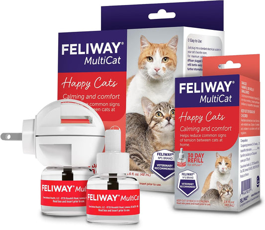 FELIWAY Multicat Cat Calming Diffuser Kit and 1 Pack Refill – Helps Reduce Fighting, Tension and Aggression between Cats Due to Stress – 30‑Day Cat Pheromone Plug in Diffuser for Multi‑Cat Homes