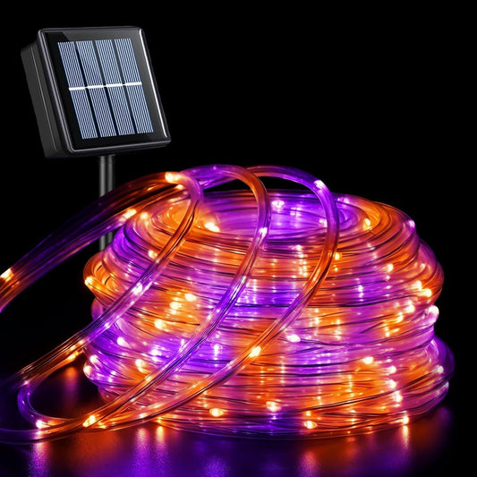 YEGUO Solar Halloween Lights Outdoor Waterproof, 66Ft 200 LED Purple and Orange Solar Rope Lights, 8 Modes Fairy Lights in Clear Thin Tube
