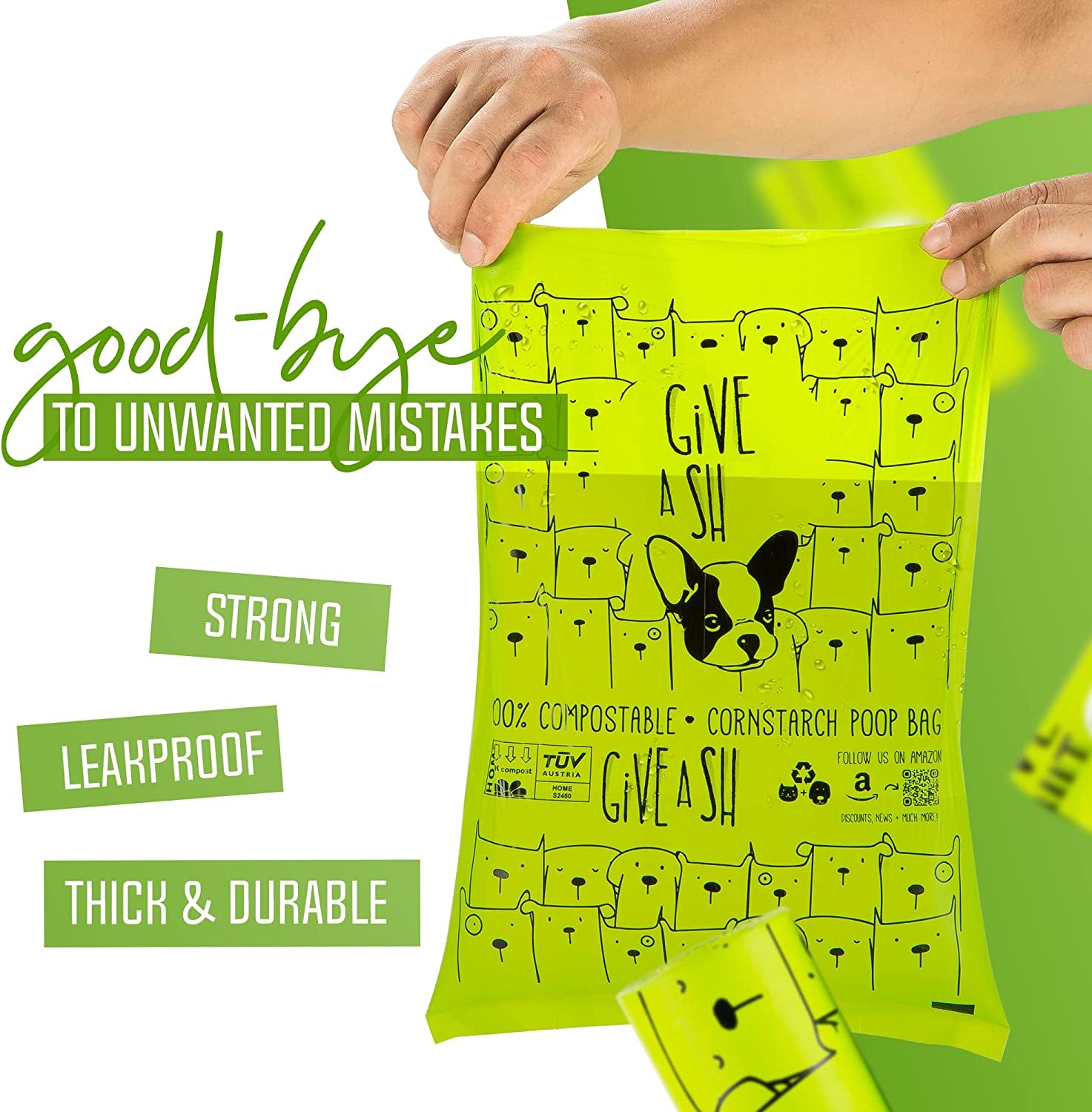 Certified Home Compostable Dog Poop Bags, 240 Plant Based Bags (16 Rolls) | NF T51-800, ASTM D6400 and EN 13432 Certified, Cornstarch Based, Extra Thick, Leak Proof, Unscented, 10% to Charity