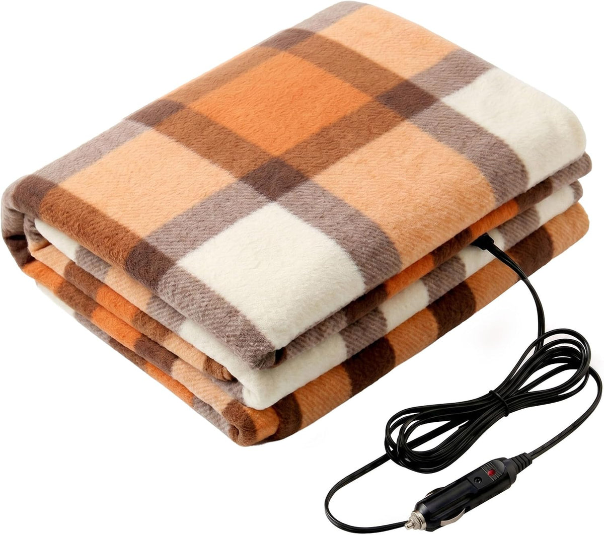Stalwart Heated Car Blanket - Electric Travel Blanket for Car, Orange Plaid