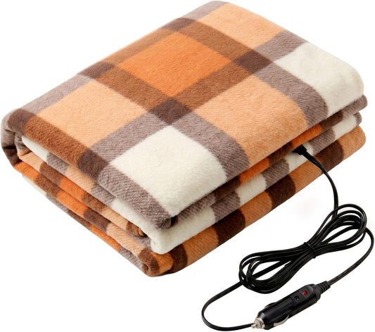 Stalwart Heated Car Blanket - Electric Travel Blanket for Car, Orange Plaid