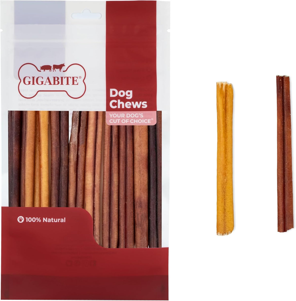 Gigabite Bully Sticks for Dogs All Natural Beef Pizzle Dog Chews, Odor & Rawhide Free Dog Treats, Long Lasting High Protein Chews Digestible Dental Dog Treat - Sticks (Regular 6"), Pack of 10