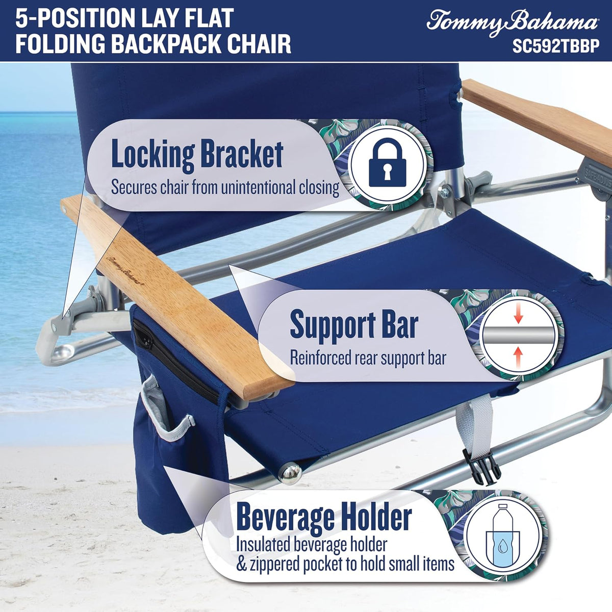 Tommy Bahama 5-Position Classic Lay Flat Folding Backpack Beach Chair, Polyester, Navy
