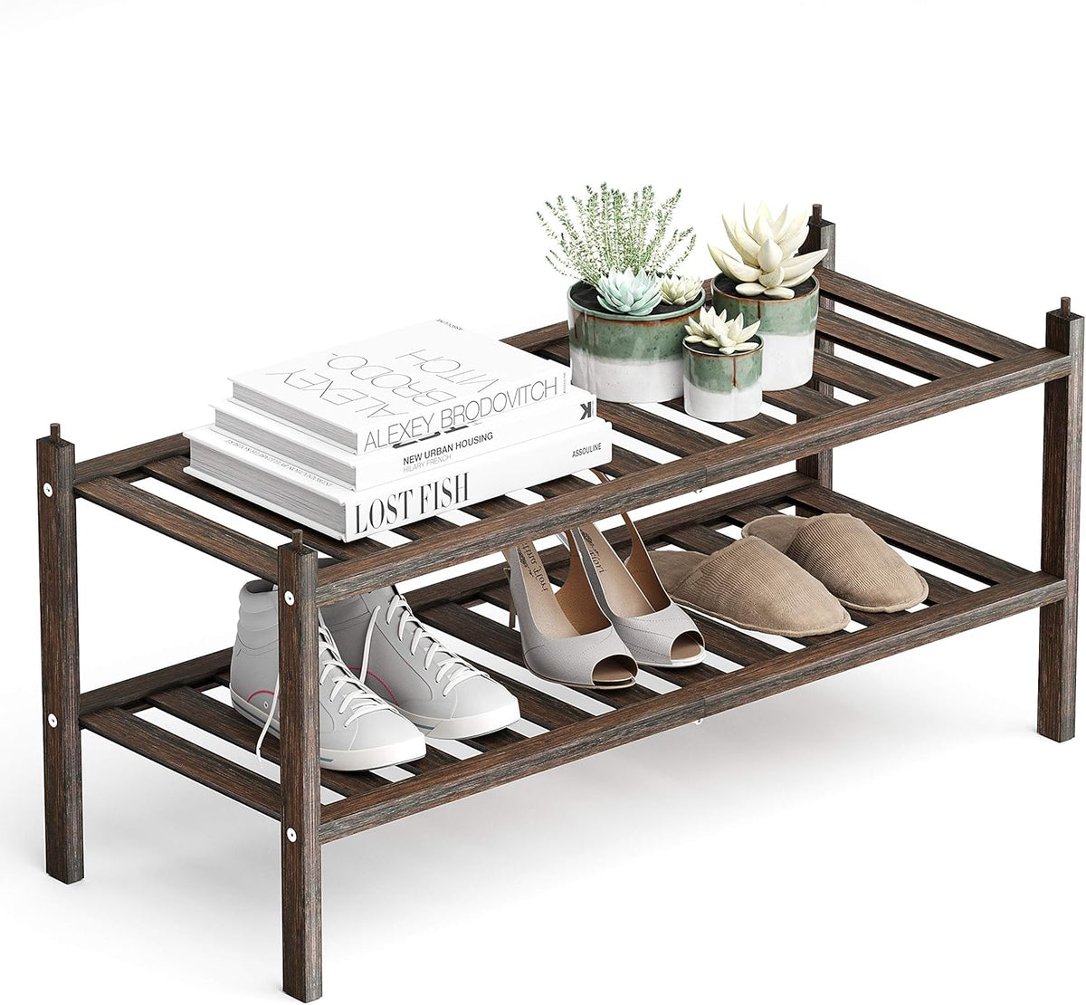 Dranixly Bamboo 2-Tier Shoe Rack Stackable Shelf Storage Organizer for Entryway, Hallway and Closet, 27.2"X11"X13.2" (Mocha)
