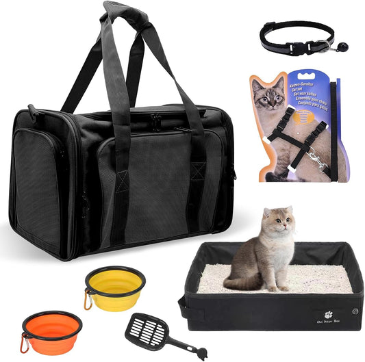 Cat Carrier with Litter Box, Cat Travel Carrier Soft Sided & Foldable Travel Litter Box for Cats, Fit for Cats or Kittens up to 20 Lbs, 17'*11.8'*11.8' Inch Pet Carrier Bag, Camping & Traveling Black