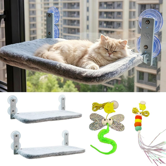 2 Pack Cat Window Perch Foldable Cats Hammock Bed for Window, 30Kg Capacity, Metal Frame & Large Suction Cups, with 2 Pcs Feather Hanging Toys for Self Play
