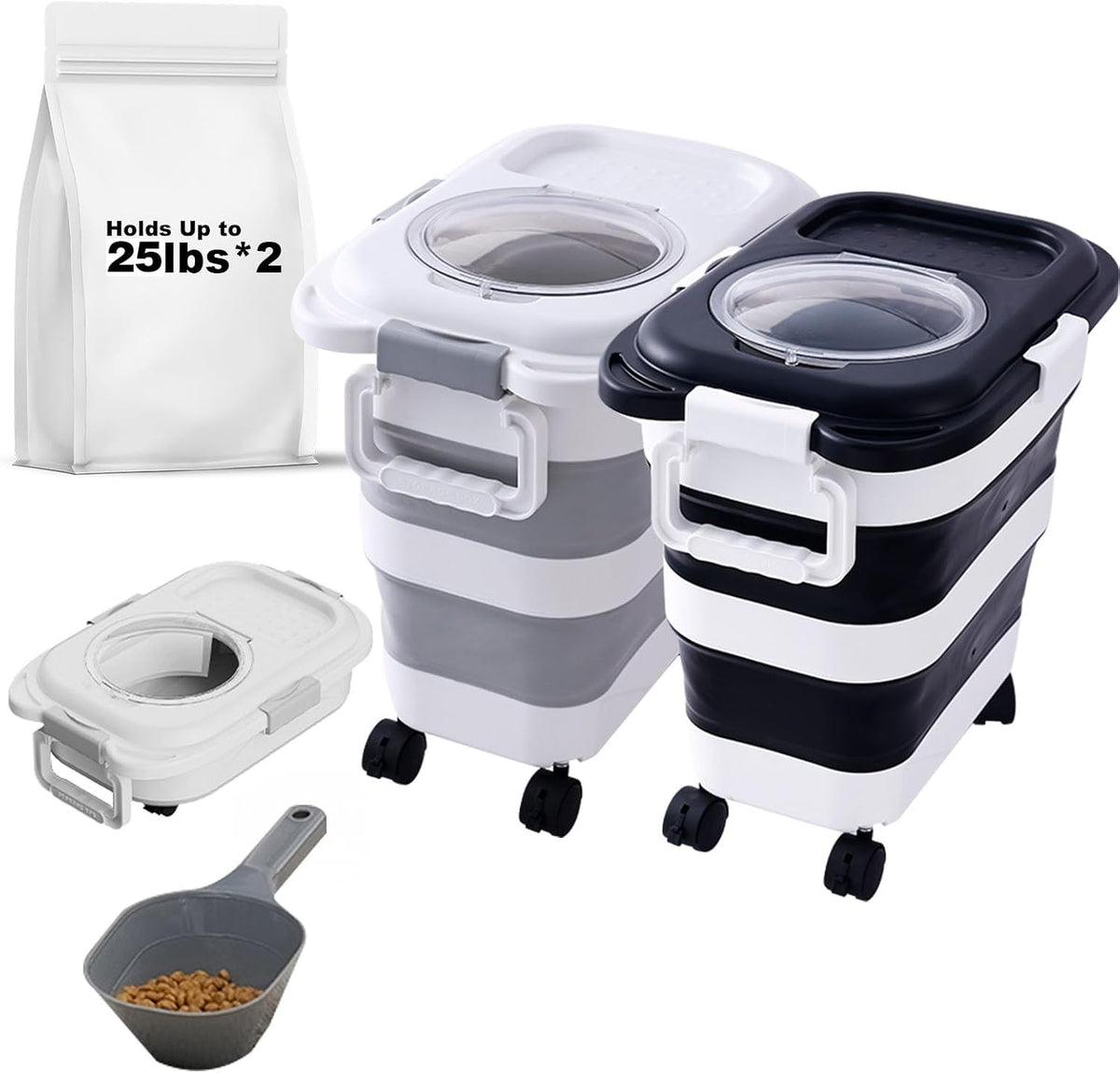 SEWIU 2Pack 25 Lbs Dog Food Storage Container,Collapsible Dog Food Container with Scoop,Pet/Dog/Cat/Bird Food/Cat Litter Storage Containers to Keep Dry,Easy to Move.(Black+White)