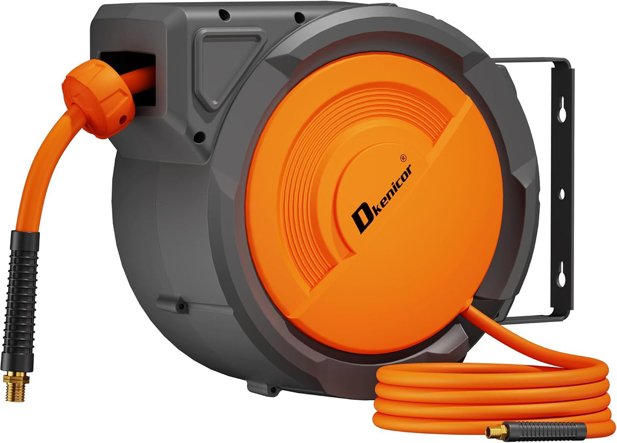Retractable Air Hose Reel, 3/8" X 80Ft Hybrid Hose, Auto Rewind Enclosed Air Compressor Hose Reel with 180° Swivel Bracket, Max 300 PSI Any Length Lock for Garage & Workshop