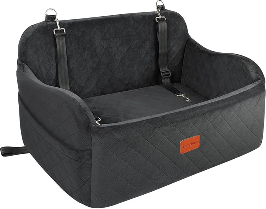 Lealchum Large Dog Car Seat,Memory Foam Cushion Car Seat for 2 Small Dogs,Comfy Car Dog Bed with Side Pocket and 2 Clip-On Safety Leashes,Easy to Install Cars Seat for Dogs(Black, Large)