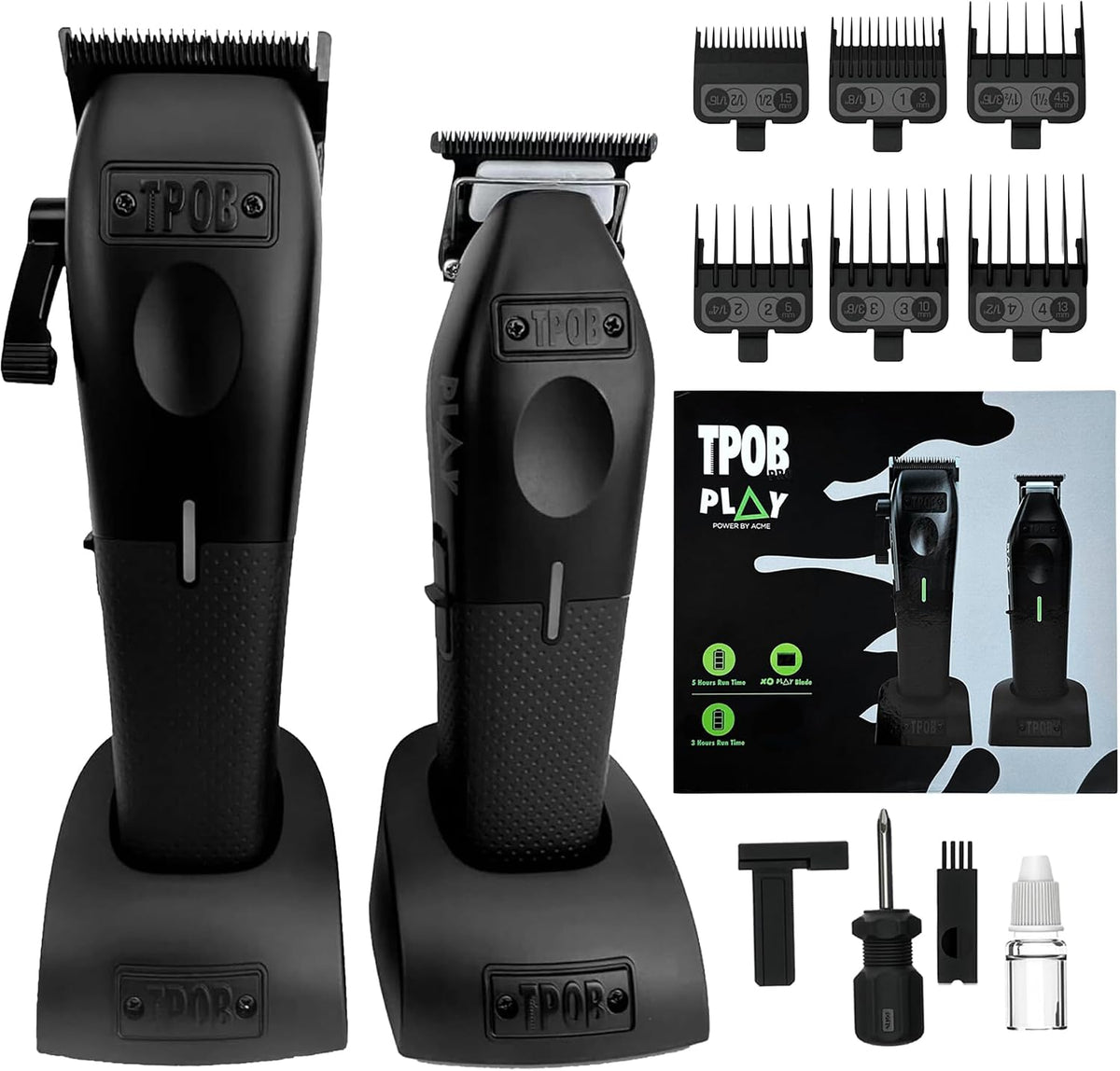 TPOB Play Professional Hair Clippers and Trimmer Set for Men — 7500 RPM Barber Clipper + Precision Trimmer, Cordless Rechargeable 2-Piece Kit with Rubber Grips (Blackout 2 Set)