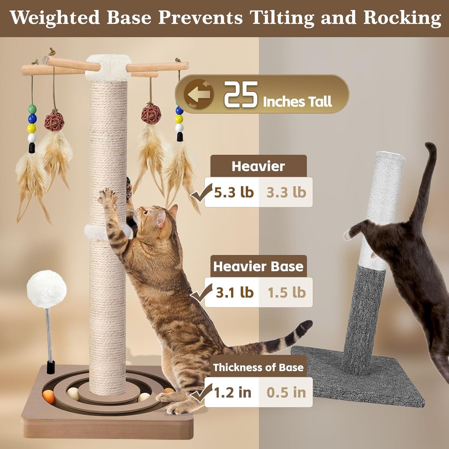 Cat Scratching Post, Sisal, Interactive Furniture Toys for Indoor Cats Adults, 2 Mounting Methods Scratcher Tree Tower with Hanging and Ball Track, Activity Center for Kitten, 25 Inches