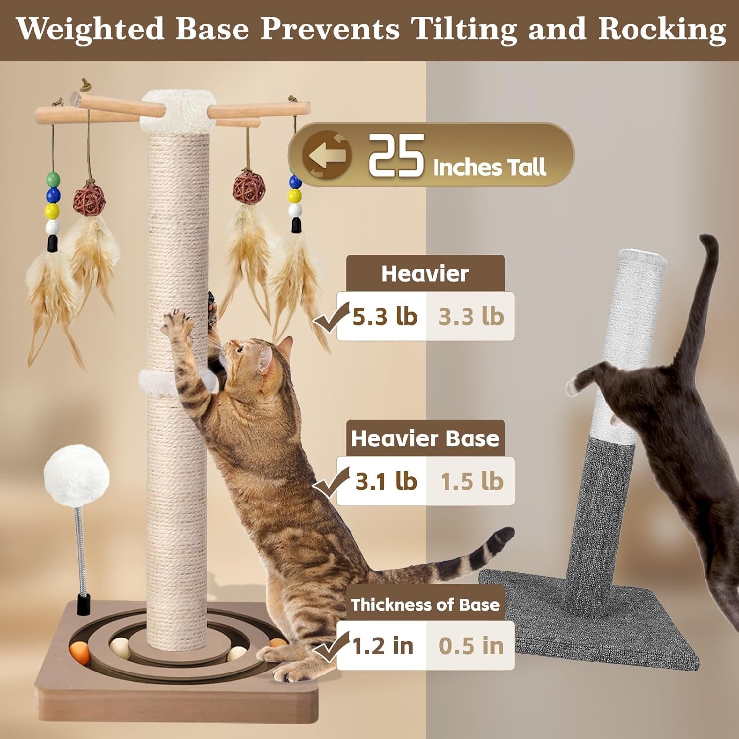 Cat Scratching Post, Sisal, Interactive Furniture Toys for Indoor Cats Adults, 2 Mounting Methods Scratcher Tree Tower with Hanging and Ball Track, Activity Center for Kitten, 25 Inches