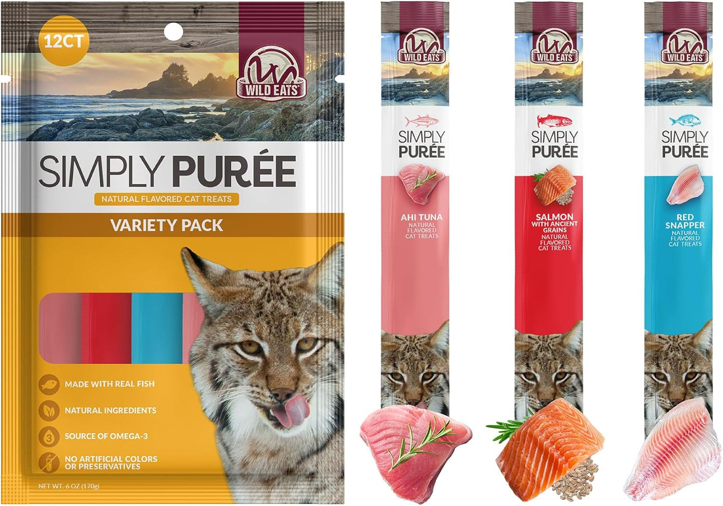Wild Eats Lickable Cat Treats Exotic Fish Variety Pack 12Ct - Ahi Tuna, Wild Pink Salmon, Red Snapper - Puree Bisque