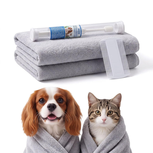 Pet Bath Grooming Kit,Microfiber Dog Towel,Pet Flea Comb &Toothbrush