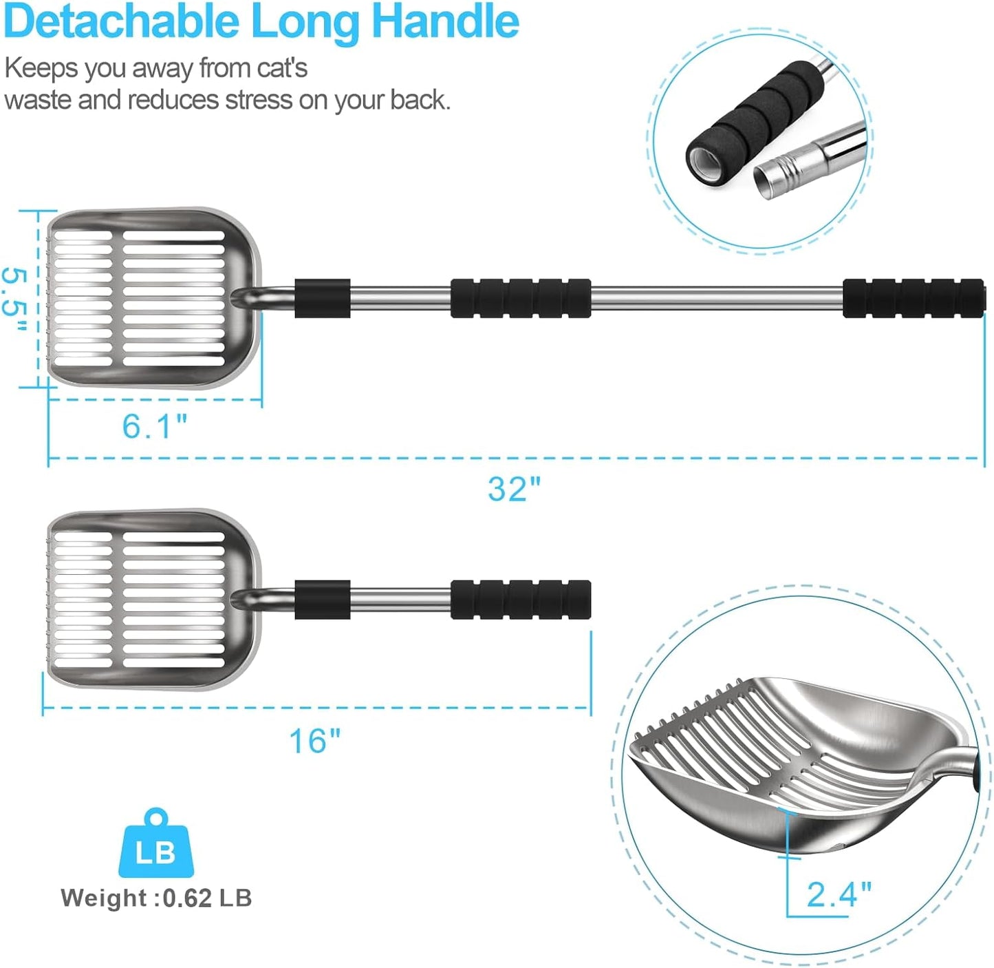 Depets Cat Litter Scoop, Metal Litter Scooper with Deep Shovel, Detachable Long Handle Cat Litter Sifter with Holder, Large Durable Cat Litter Shovel with Foam Pad Grip for Easy Sifting