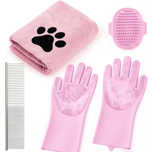 Pet Shower & Bath Supplies，Dog Shampoo Brush Set with Towel, Washing Gloves,Comb for Dogs and Cats (PINK)